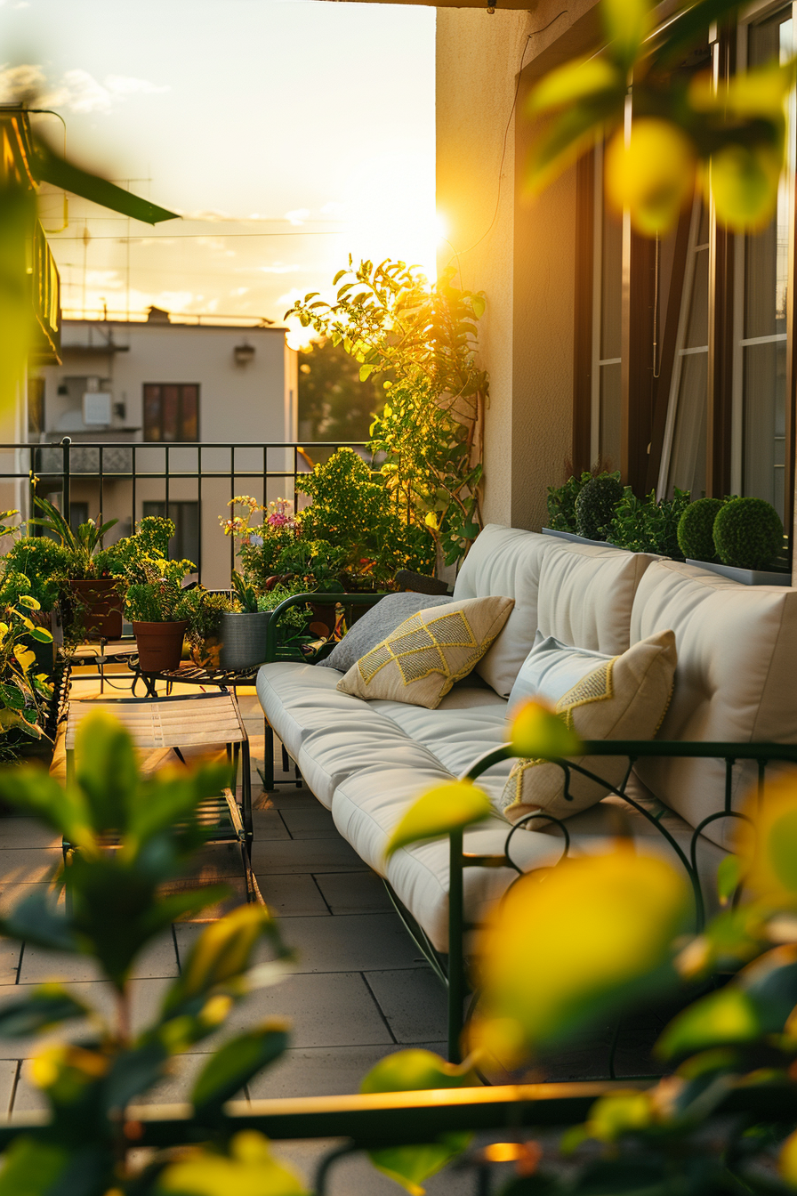 Cozy balcony with a sofa and cushions surrounded by green plants at sunset.