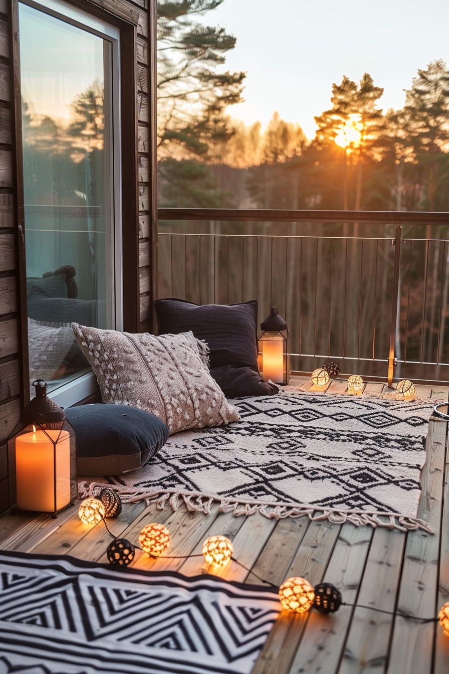 Cozy balcony with pillows and lanterns at sunset, featuring warm lighting and a patterned rug with a forest view in the background.