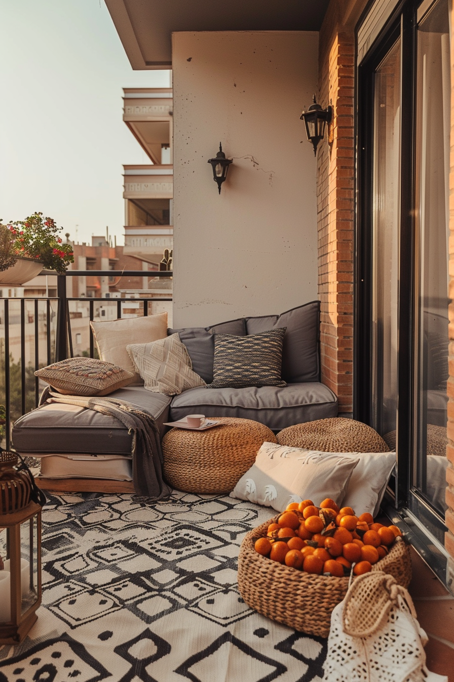Cozy balcony setup with cushions on a sofa, wicker poufs, a patterned rug, and a basket of oranges in warm light.