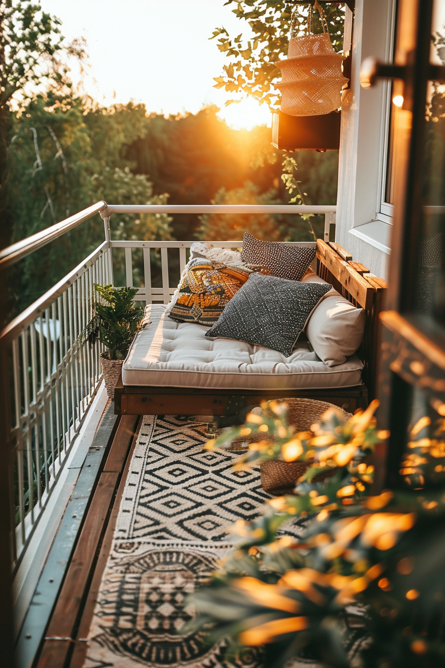 Cozy balcony with cushions and a patterned rug, bathed in the warm glow of a sunset among trees.