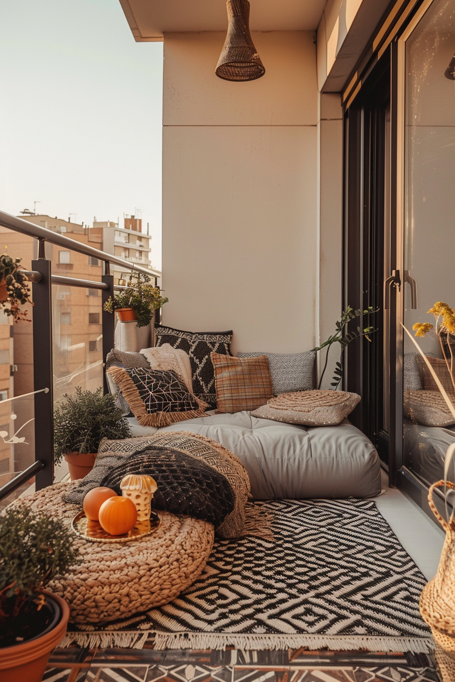 Cozy balcony with patterned rugs, cushions, a hanging lamp, and potted plants during golden hour.