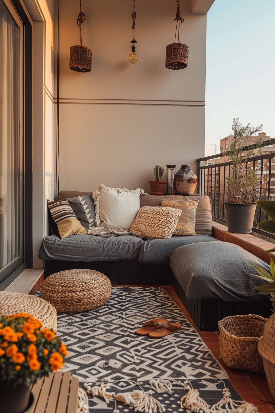 ALT: A cozy balcony with patterned rug, cushioned seating, decorative hanging lights, plants, and woven accessories at dusk.