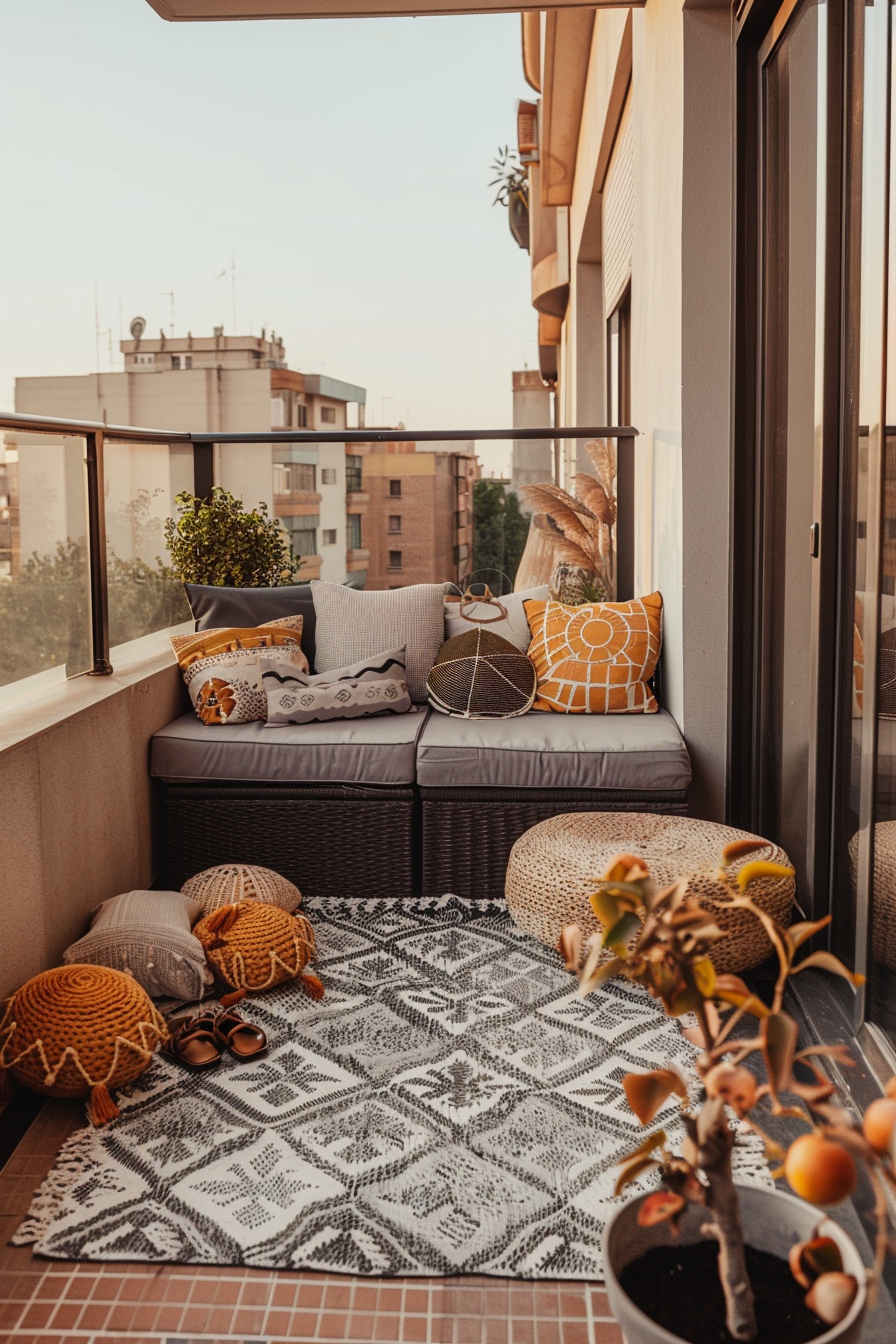 Cozy balcony with a woven rug, rattan poufs, a sofa with pillows, a small tree, and cityscape views at sunset.