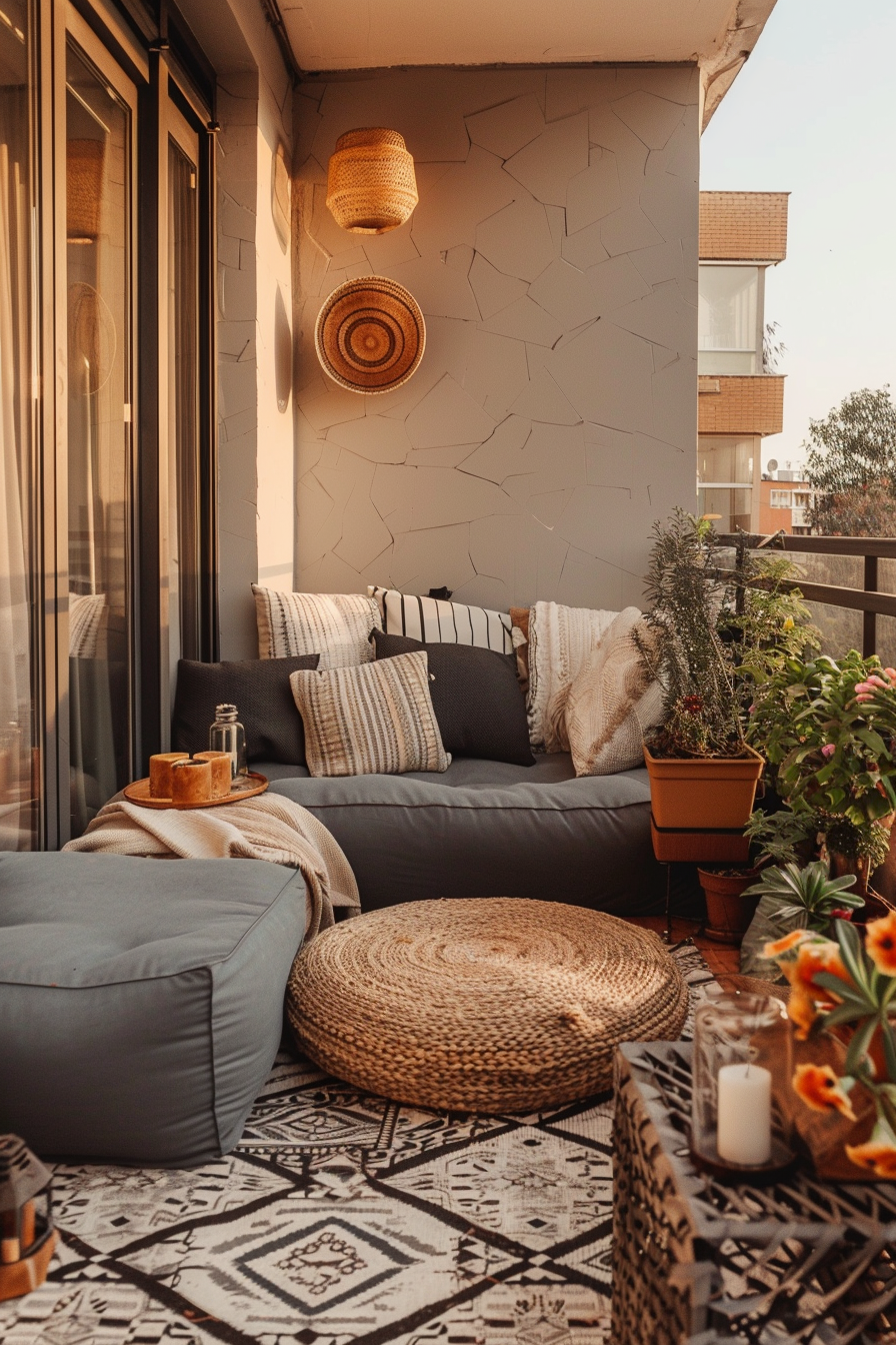 Cozy balcony with comfortable seating, patterned rug, wicker decorations, and lush potted plants in a warm, golden light.