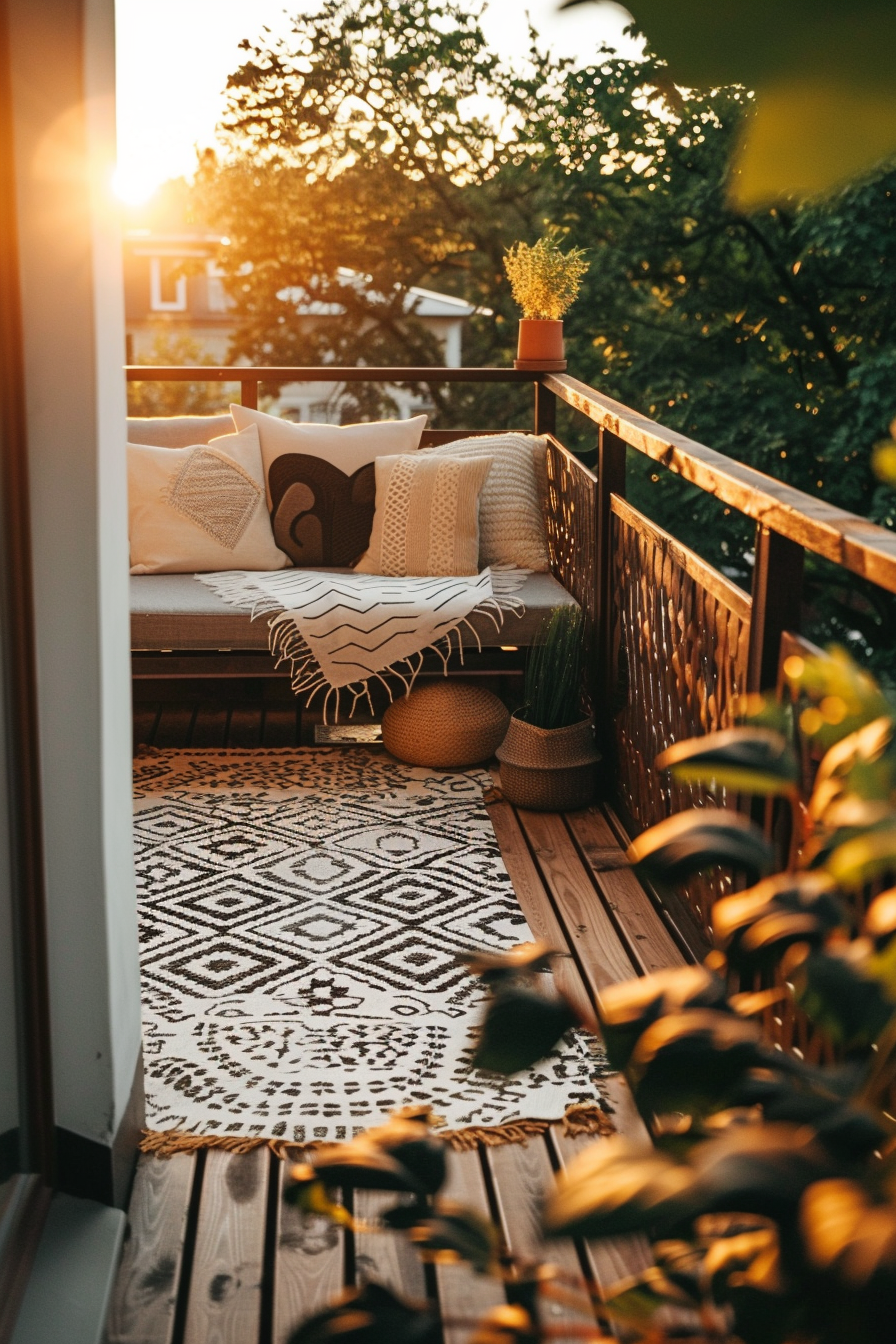 Cozy balcony setup at sunset with comfortable pillows, a woven basket, patterned rug, and potted plant, overlooking lush greenery.