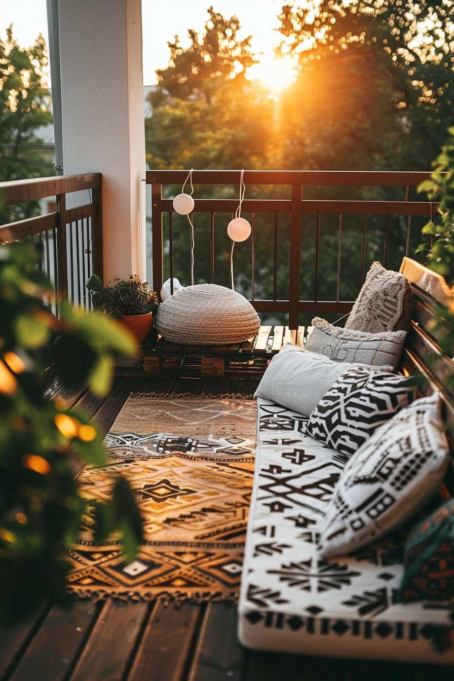 Cozy balcony with cushions and a throw on a bench, patterned rug, hanging lights, plants, and a sunset in the background.