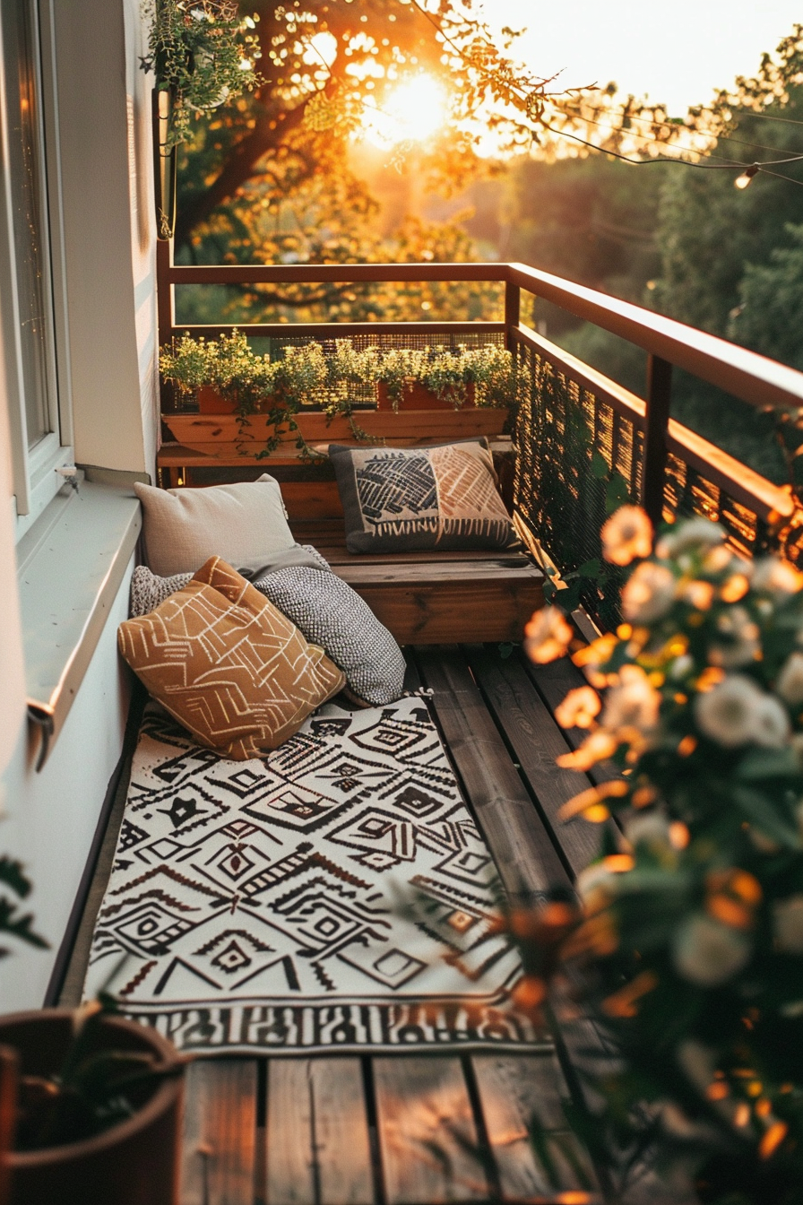 Cozy balcony with cushions and a patterned rug during sunset, surrounded by greenery and warm sunlight peeking through the trees.