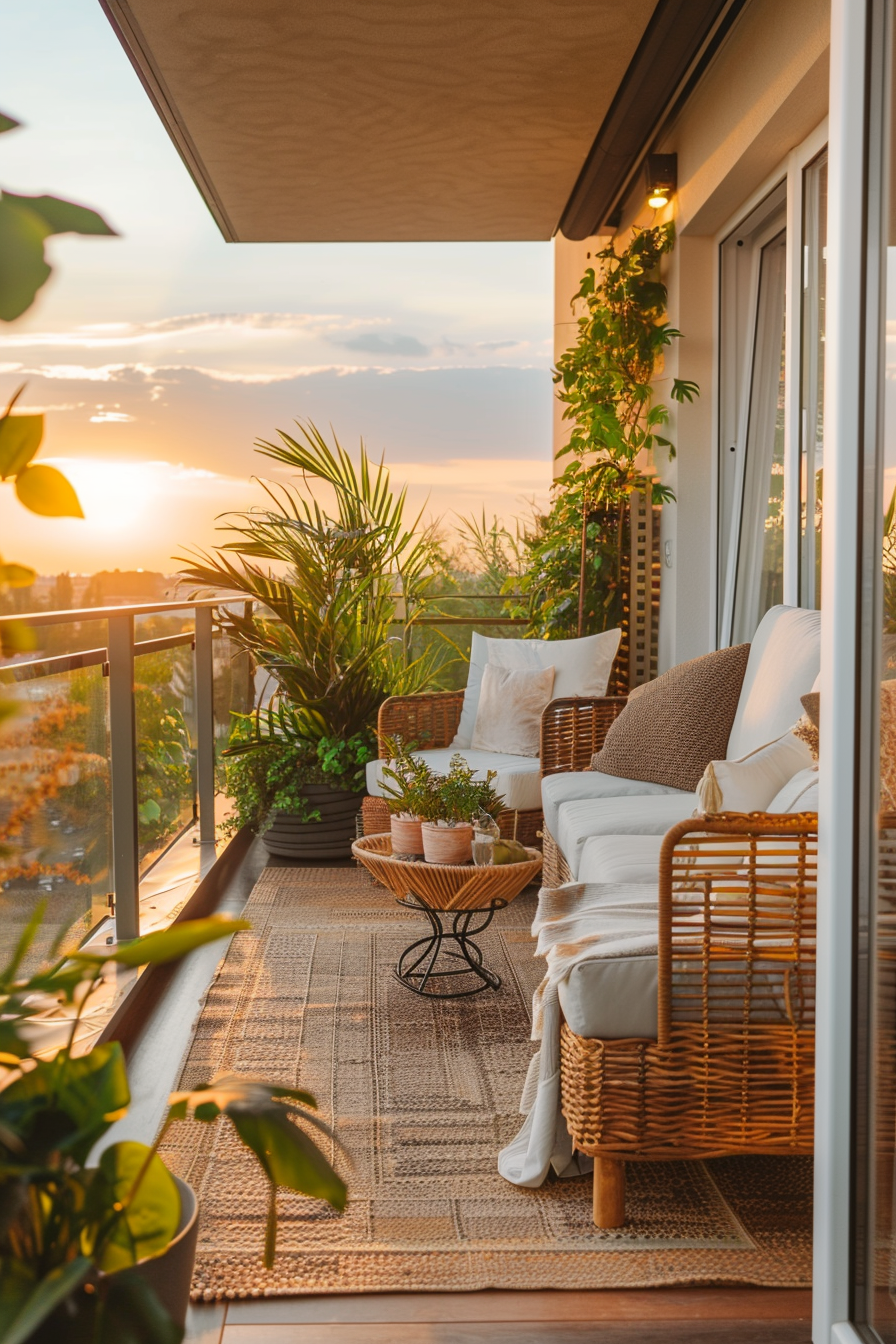 Cozy balcony with rattan furniture, plants, and a sunset view.