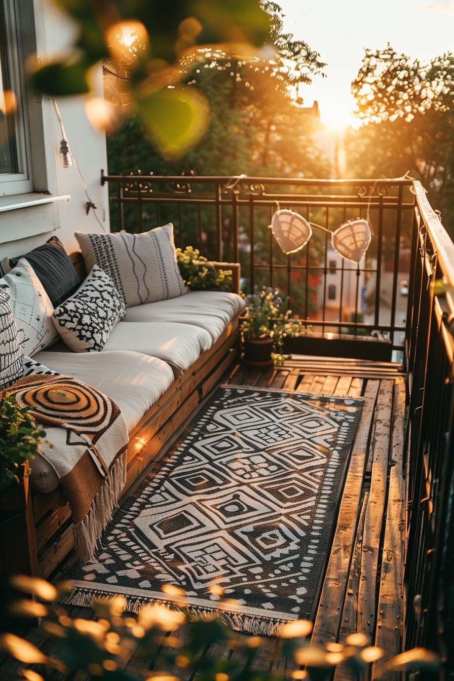 Cozy balcony setting with a cushioned bench, patterned rug, decorative pillows, and string lights at sunset.