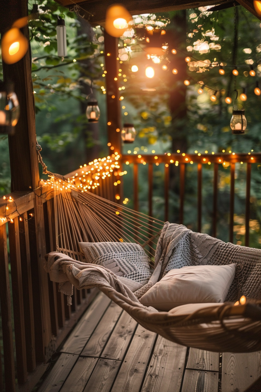 A cozy hammock with pillows on a wooden porch, adorned with warm string lights and lanterns among green foliage at dusk.