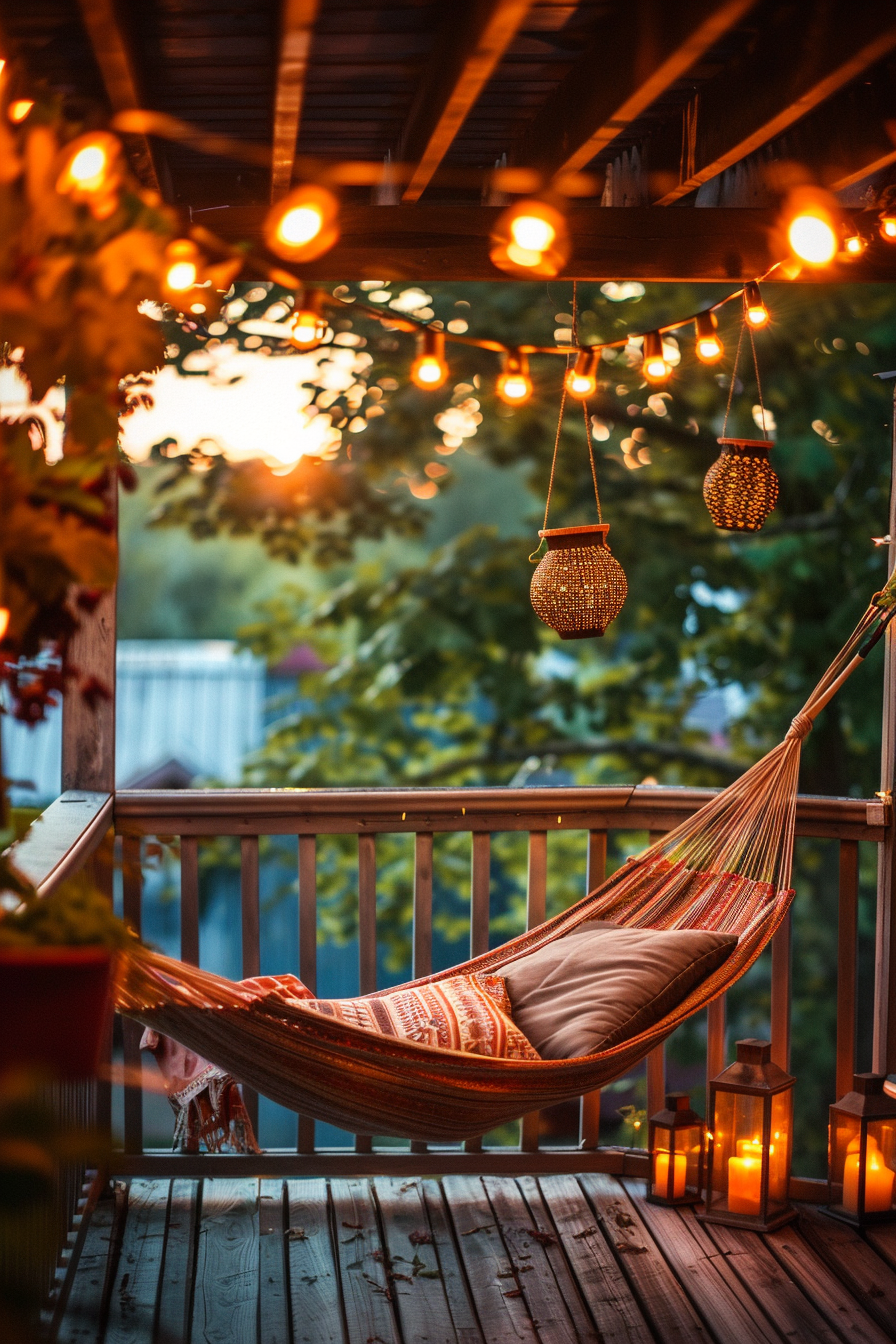 Alt text: A cozy outdoor deck at dusk with a hammock, lit string lights, hanging lanterns, and a warm ambient glow.