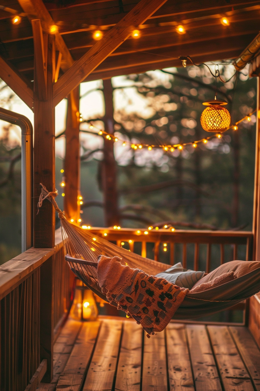 A cozy hammock with pillows and a blanket, strung on a wooden porch adorned with twinkling lights, at dusk.