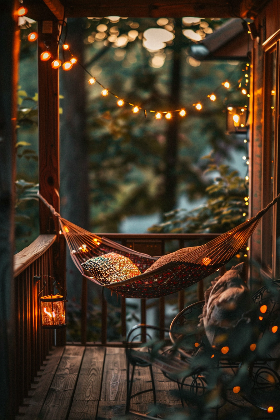 Cozy balcony with a hammock, string lights, and a lantern set against a dusky forest backdrop.