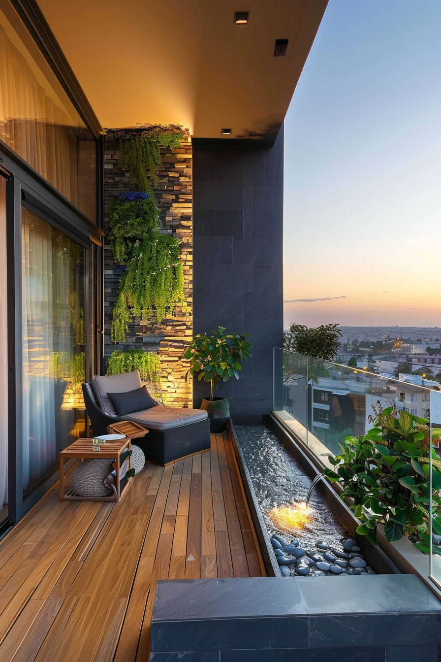 Modern balcony at dusk with wooden decking, a lounge chair, decorative water feature, green wall, and city view in the background.