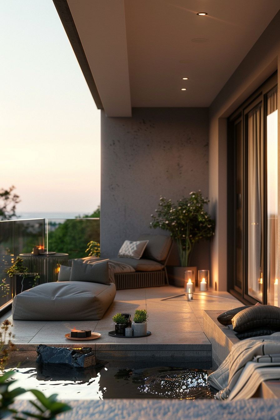 Cozy modern terrace with comfortable seating, ambient lighting, and a water feature, showcasing a tranquil evening setting.