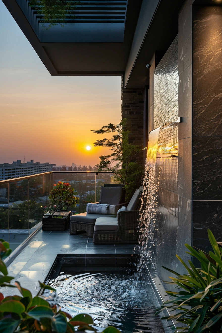 Modern balcony with a wicker armchair, overlooking a cityscape during sunset, featuring a water feature and potted plants.