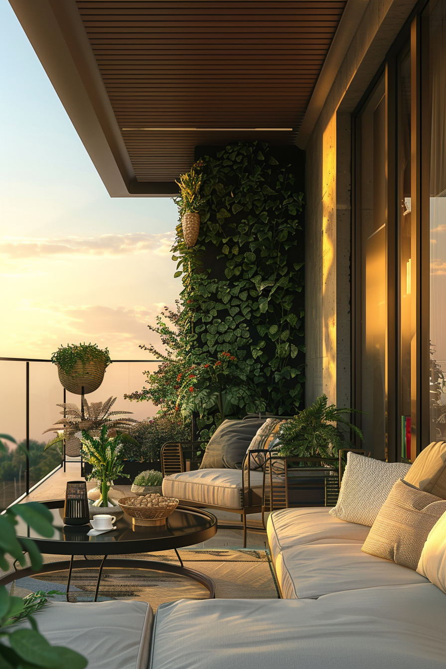 ALT: Cozy balcony at sunset with comfortable seating, lush green plants on the wall, and a view of the distant horizon.