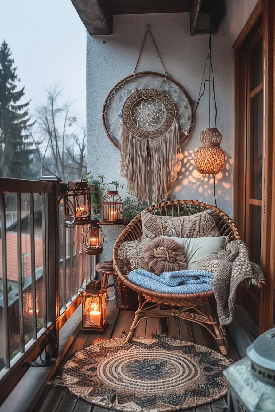 A cozy balcony with a wicker chair and cushions, surrounded by lit lanterns, a dream catcher, and patterned rugs, overlooking trees at dusk.