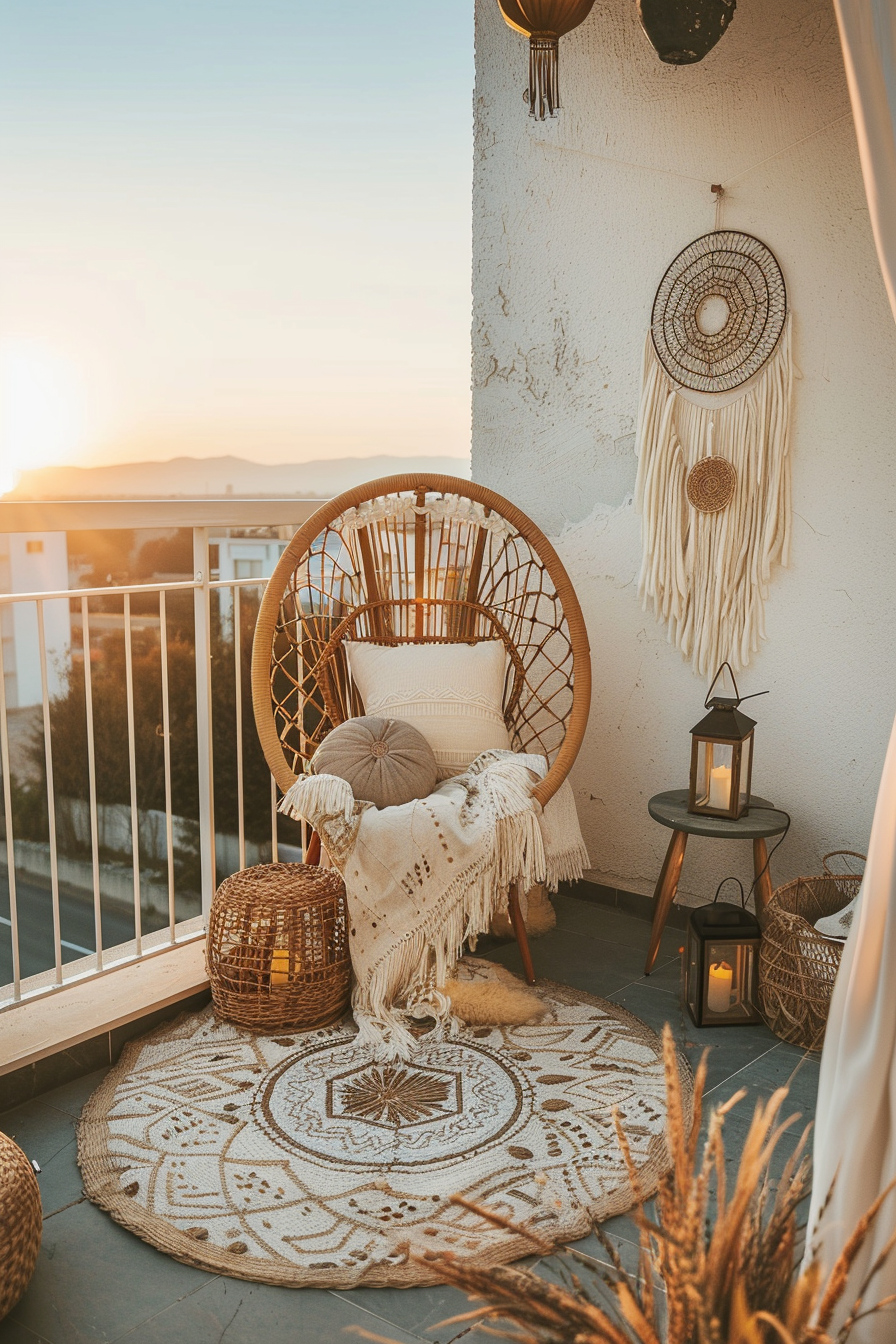 A cozy balcony at sunset with a rattan chair, decorative pillows, a crochet rug, macramé wall hanging, and a lit lantern.