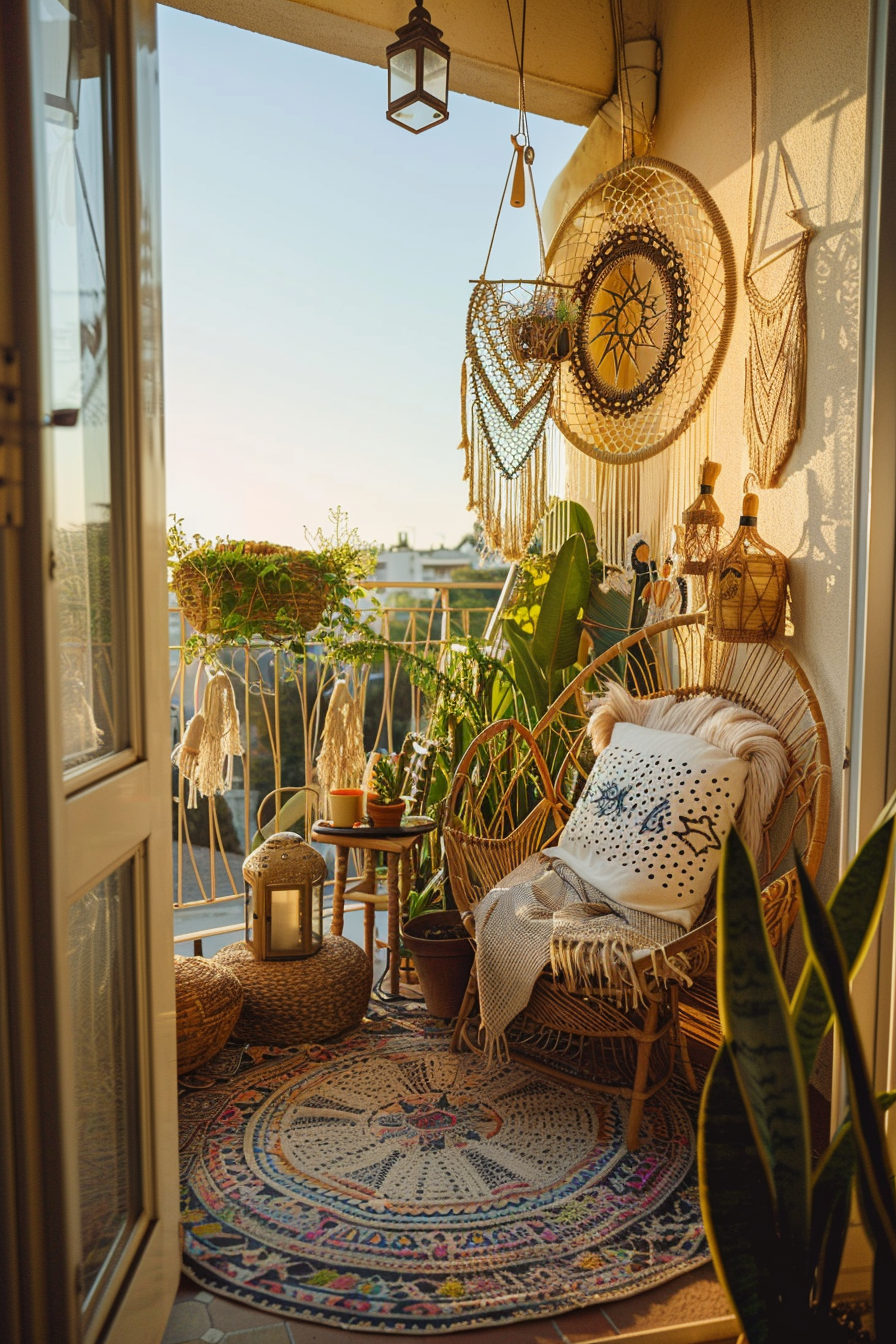 ALT: A cozy bohemian style balcony decorated with plants, a peacock chair with a cushion, macramé wall hangings, a lantern, and an ornate rug.