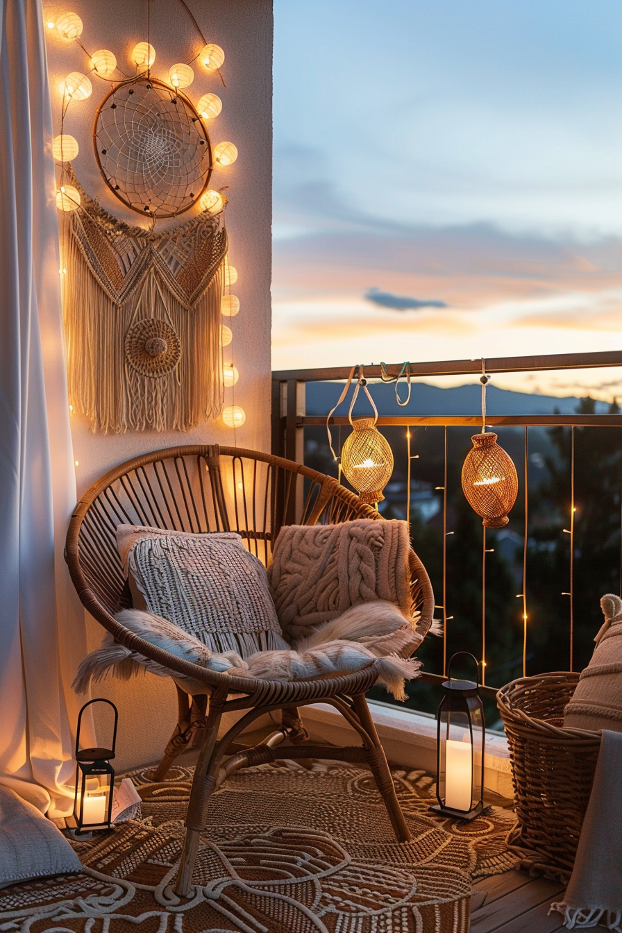 Cozy balcony with a wicker chair, throw pillows, fairy lights, dream catcher, and a sunset sky in the background.