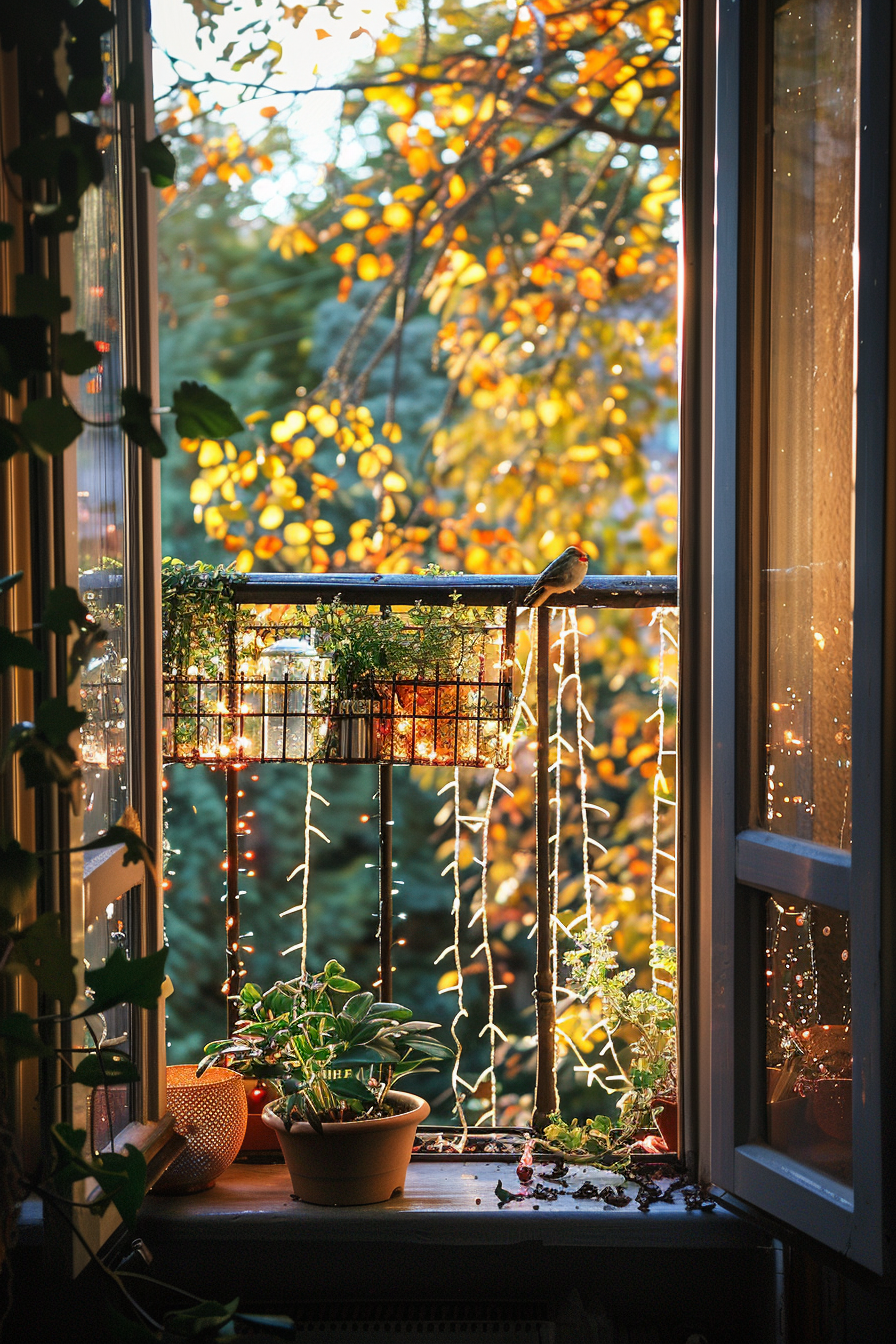 A cozy window view with a bird on the sill, fairy lights, plants, and autumn leaves outside in the golden sunlight.