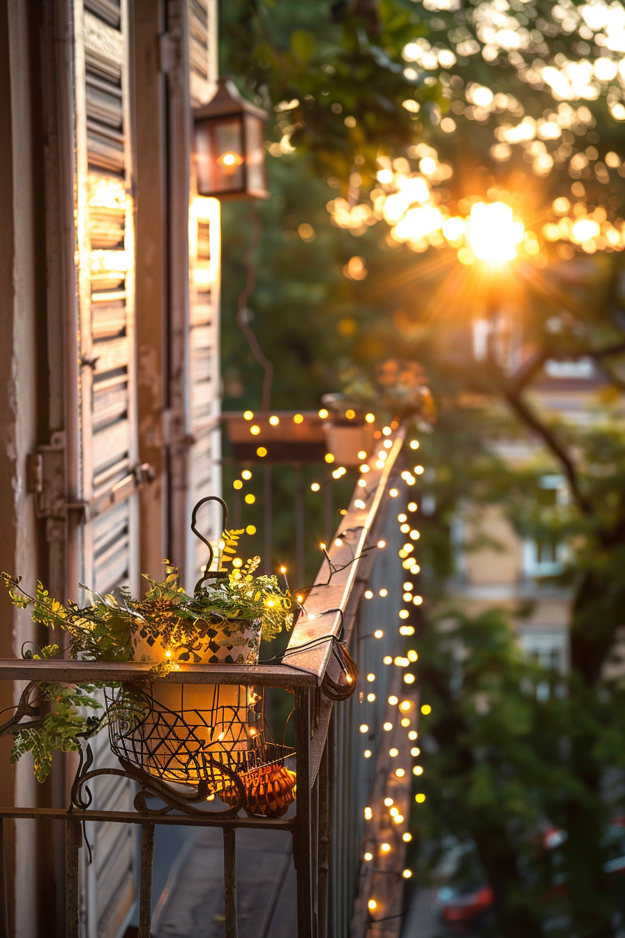 Warm sunset view over a cozy balcony adorned with plants and string lights, old-style shutters open to the evening glow.