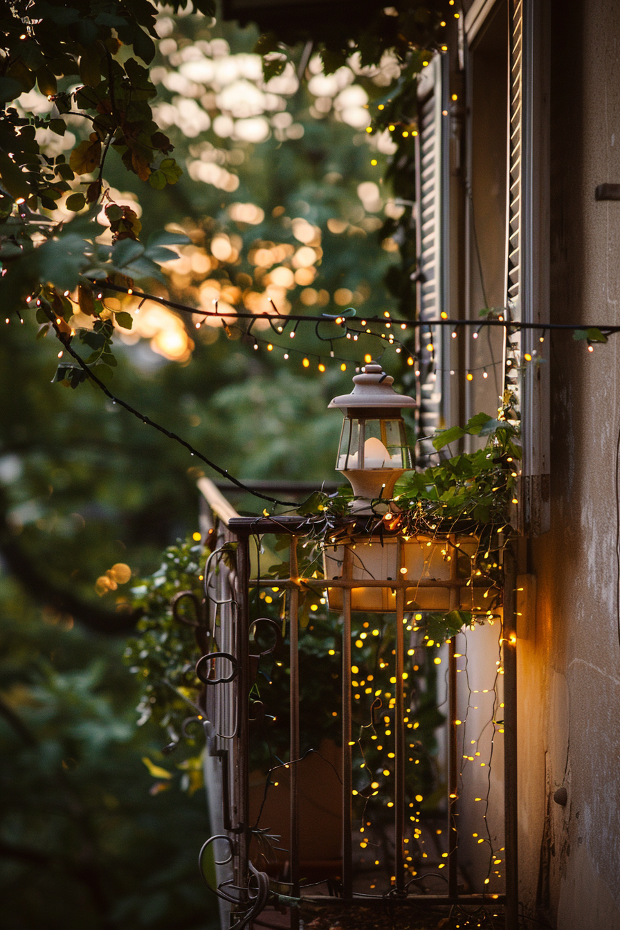 A cozy balcony entwined with twinkling fairy lights and green foliage at dusk, creating a tranquil and inviting atmosphere.