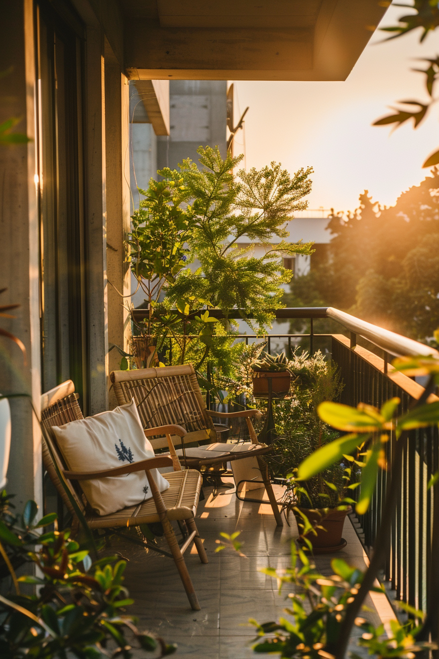 Cozy balcony with plants and wooden chairs bathed in warm sunlight, suggesting a peaceful retreat in an urban setting.