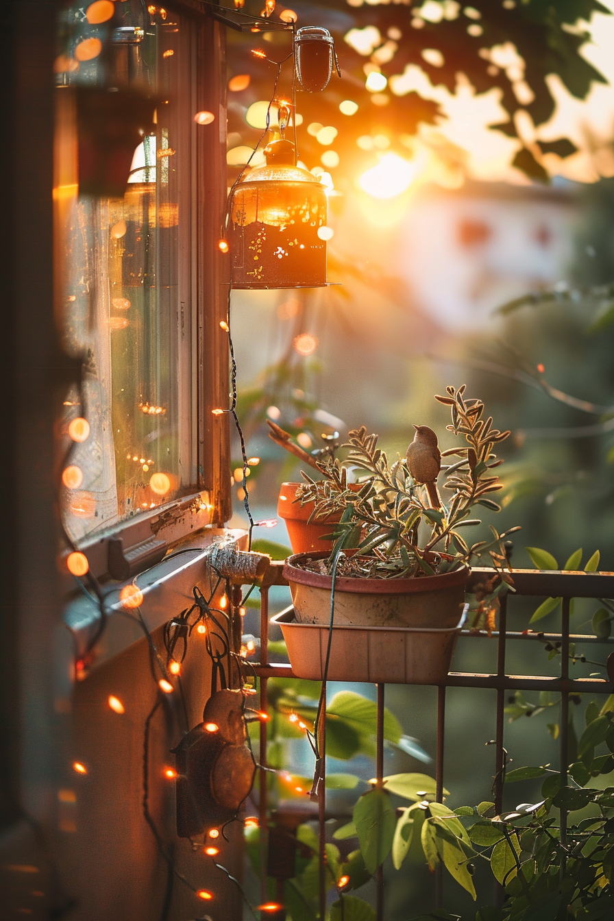 ALT: Warmly lit balcony at sunset featuring twinkling fairy lights, hanging lanterns, potted plants, and a small bird perched on a flowerpot.