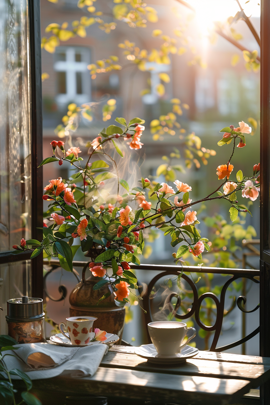 A cozy balcony scene with steaming coffee, blooming flowers in a pot, and a tranquil sunrise casting warm light.