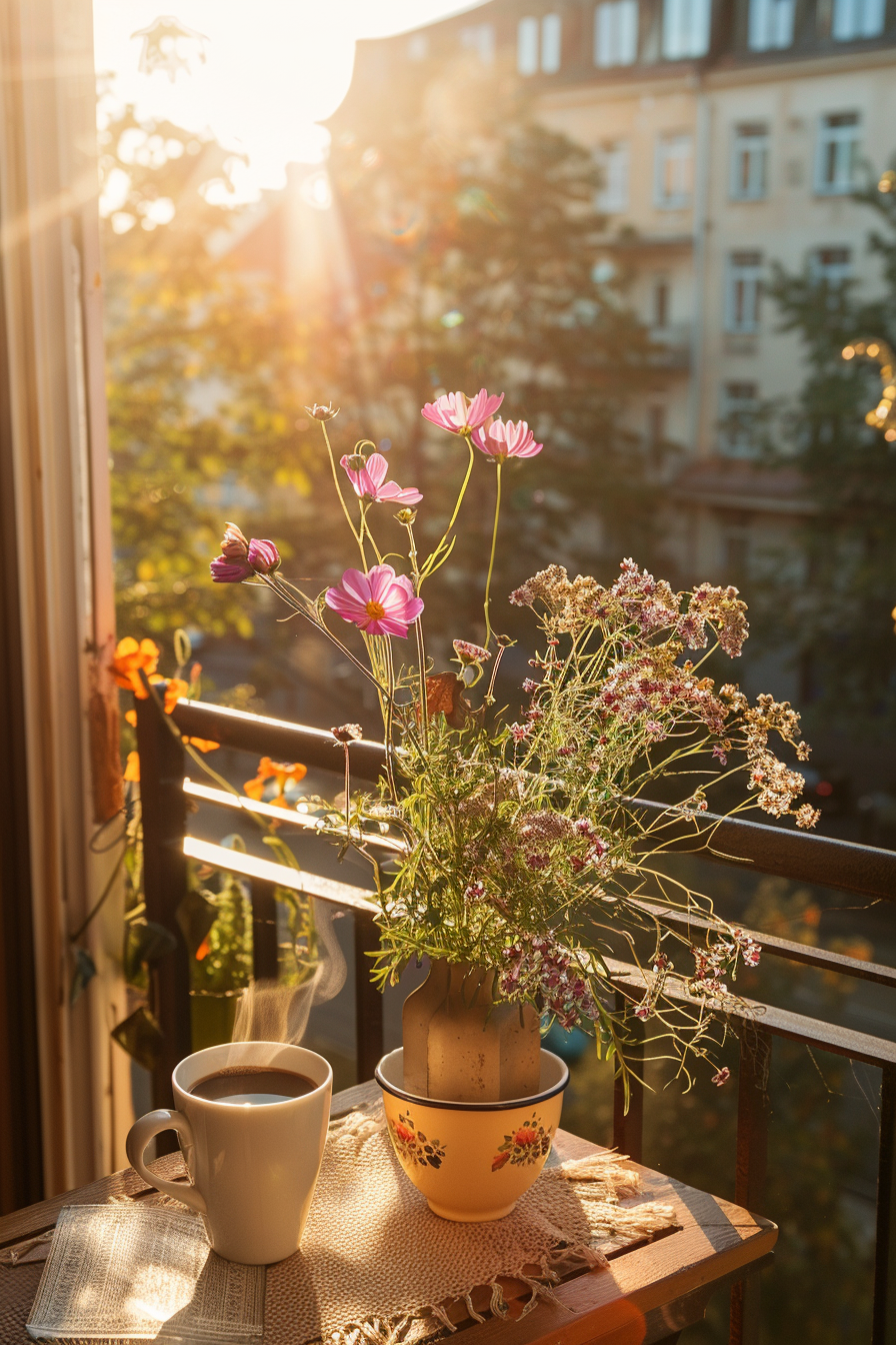 A cozy balcony scene with a steaming mug of coffee, a book, and a pot of blooming flowers basking in the warm sunlight.