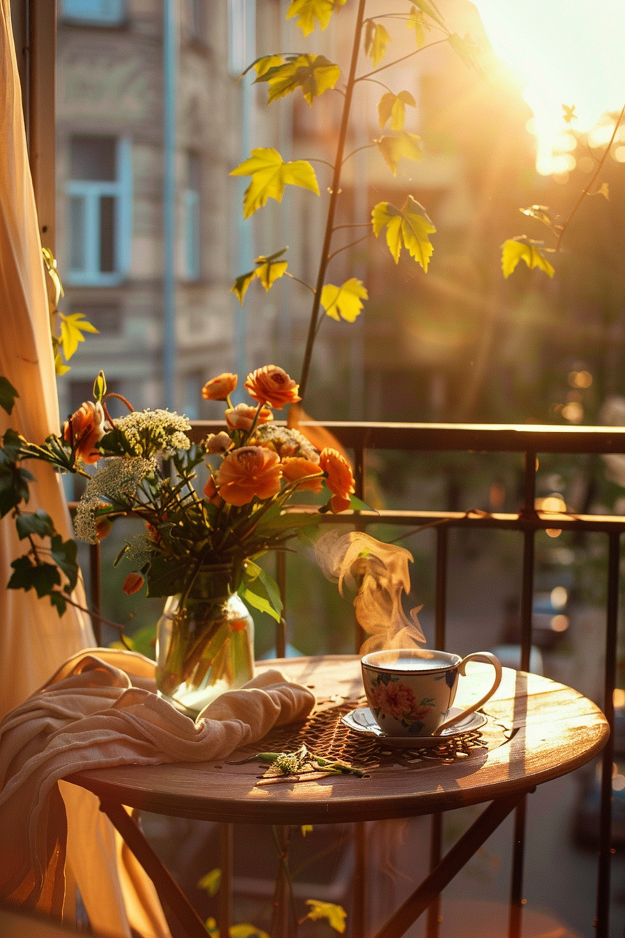 Steaming cup of coffee on a small wooden table with a vase of flowers, all bathed in warm sunlight on a cozy balcony.