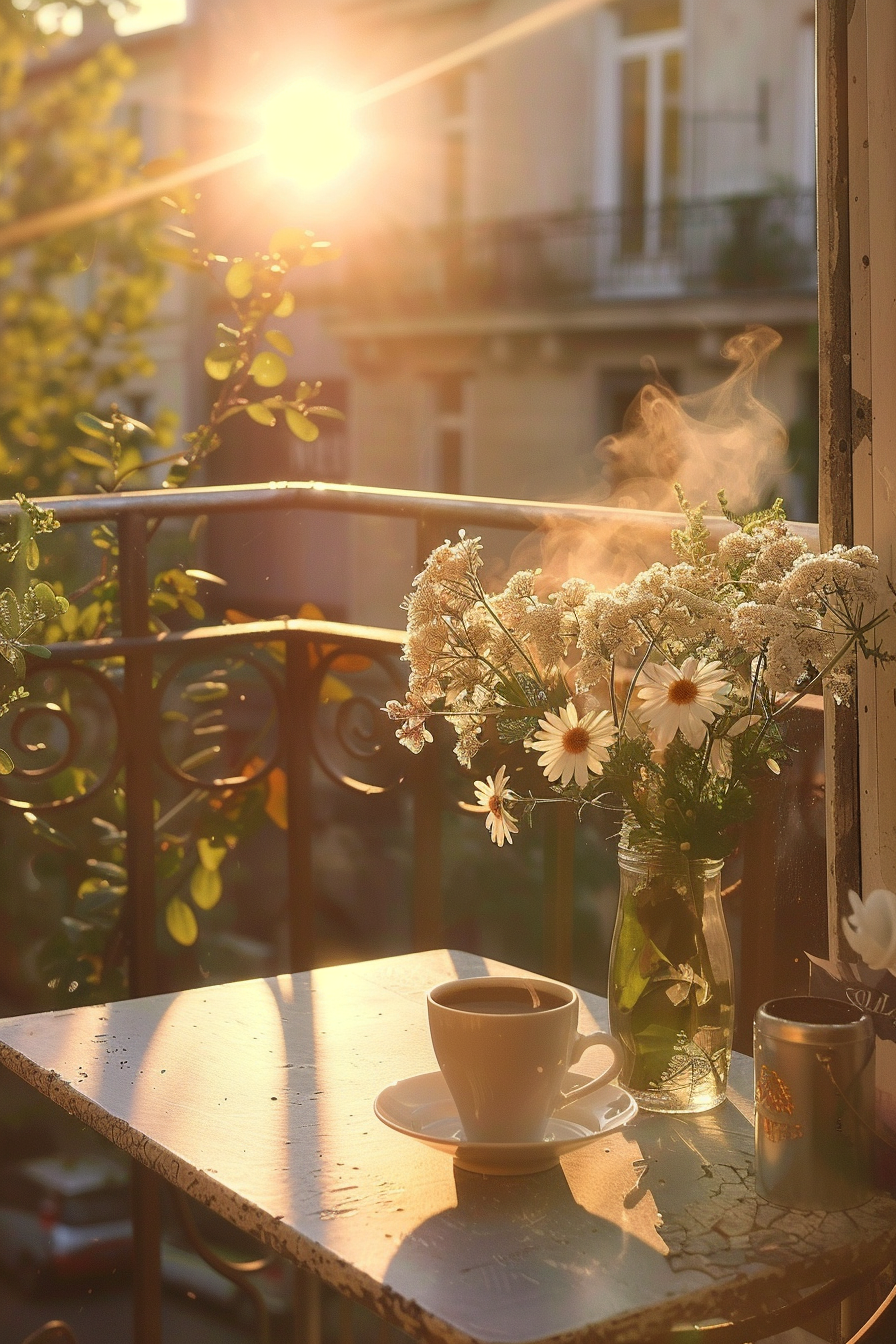 A serene sunrise balcony scene with a steaming cup of coffee, a bouquet of flowers in a vase, and a warm golden glow throughout.
