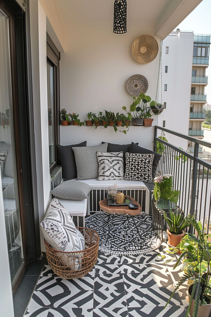 Cozy balcony with patterned rug, pillows, plants, and decorative wall baskets, overlooking an urban area.