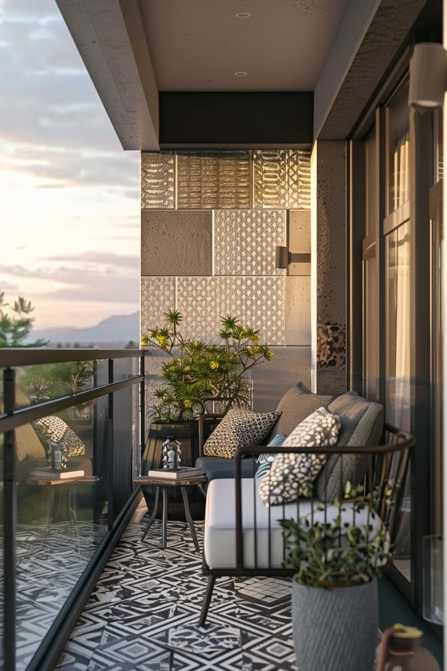 A cozy balcony with patterned tile floor, modern furniture, plants, and decorative pillows at dusk, overlooking a scenic view.