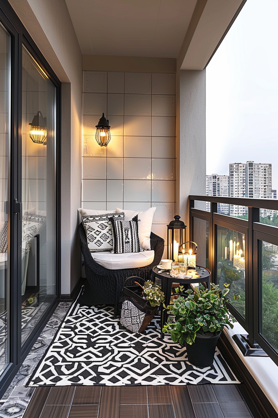Cozy balcony with a wicker chair, patterned rug, lanterns, and plants overlooking an urban scene at dusk.