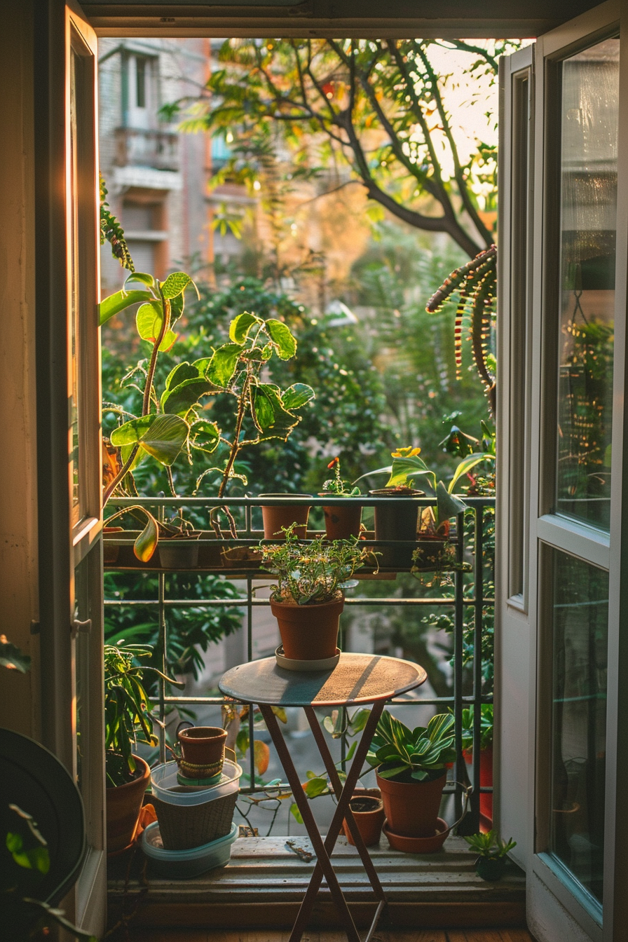 Alt text: Warm sunlight bathes a cozy balcony garden with potted plants and a small table, seen through an open door.