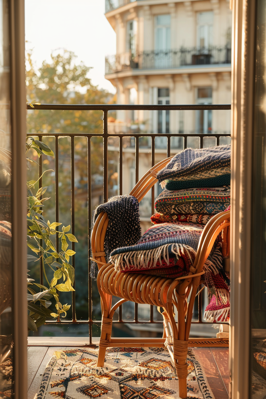 "Cozy balcony with a rattan chair piled high with blankets, overlooking a scenic cityscape during golden hour."