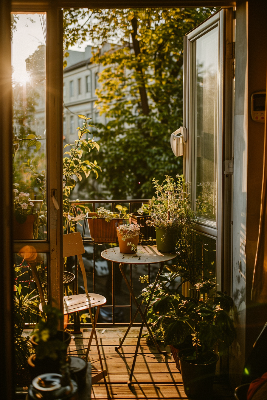 Cozy balcony with plants and a small table bathed in warm sunlight during sunset.