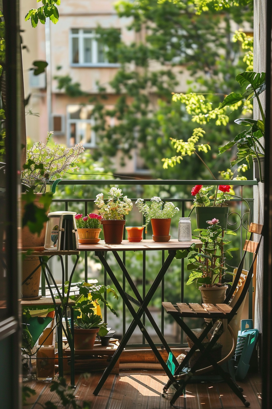 A cozy balcony filled with an assortment of potted plants on a folding table and shelves, overlooking a leafy urban area.