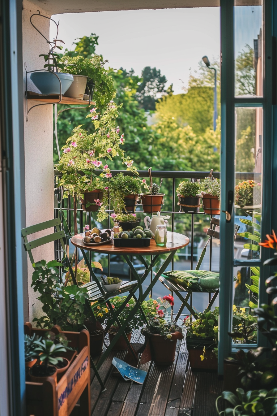 ALT: A cozy balcony filled with plants, a round table, and green chairs. There’s a variety of potted flowers and a soft glow of sunset.