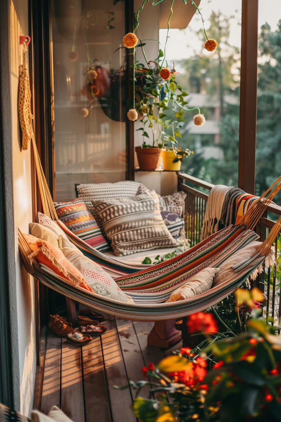 Cozy balcony with a colorful hammock, patterned pillows, potted plants, and warm lighting at dusk.
