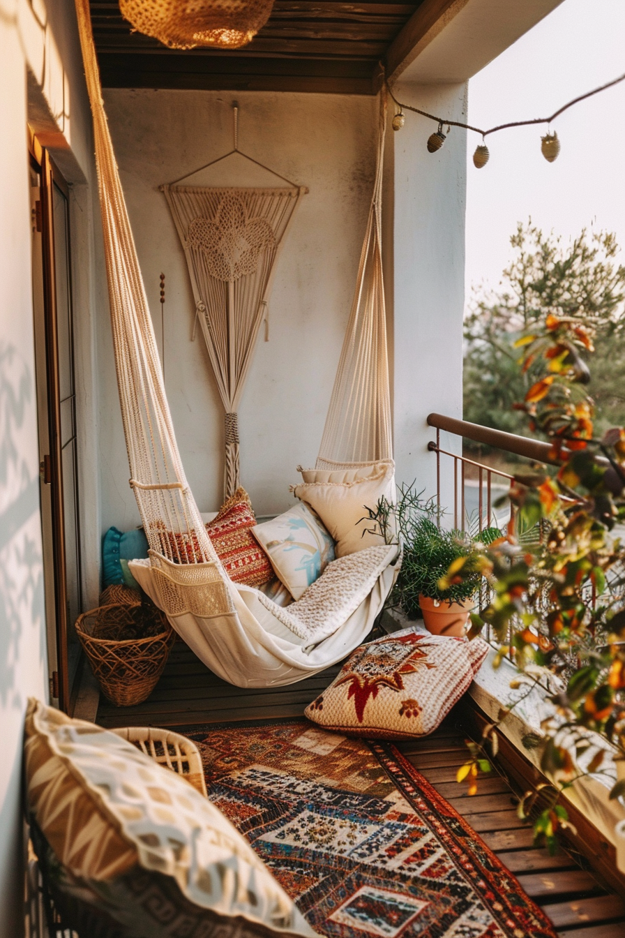 Cozy balcony with a hammock chair, patterned cushions, rugs, decorative macramé, and string lights, surrounded by greenery at sunset.