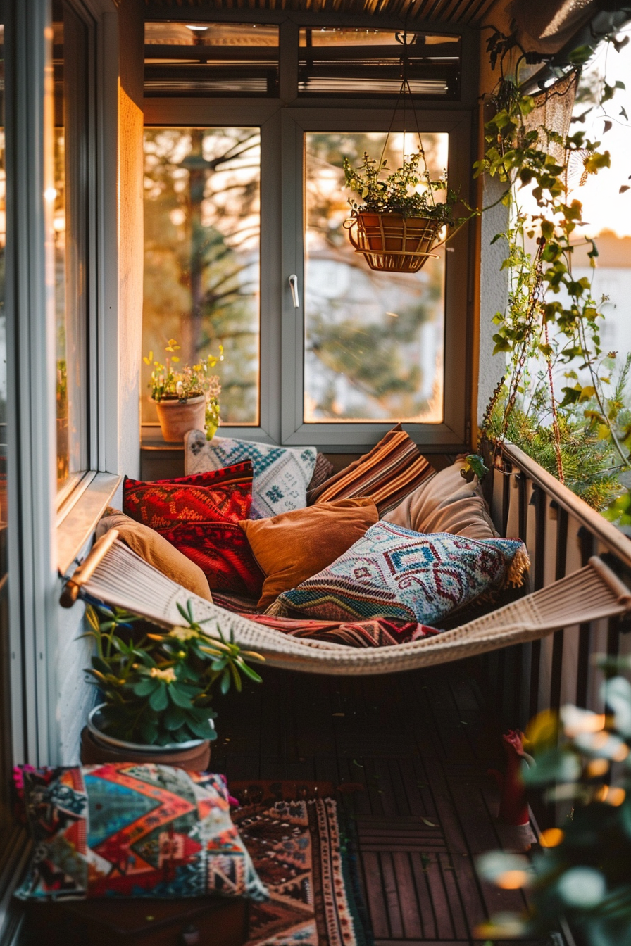 Cozy balcony with a hammock adorned with patterned pillows and throws, surrounded by plants and warm lighting at sunset.