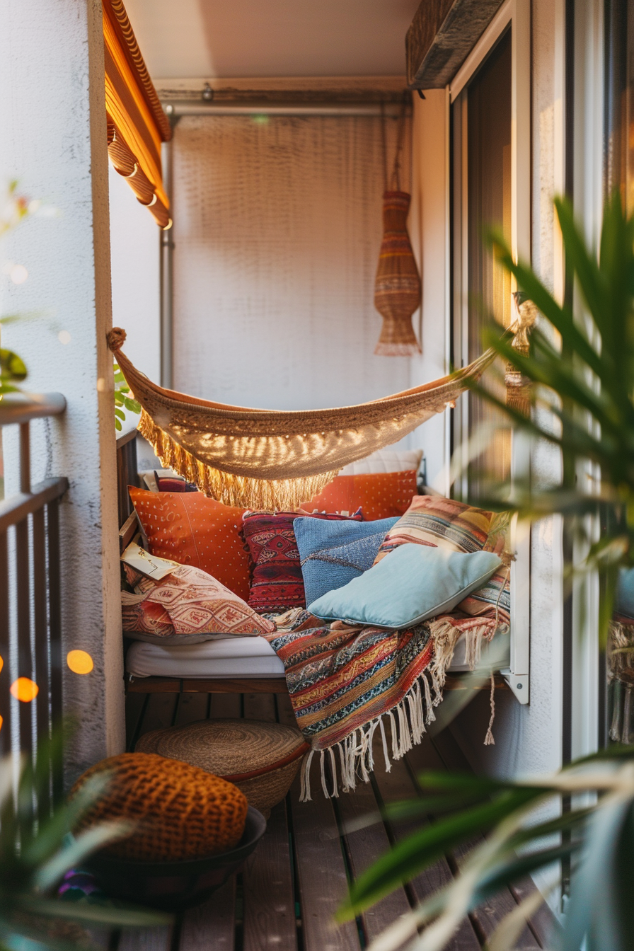 A cozy balcony nook with a fringed hammock, colorful cushions, blankets, plants, and soft lighting.