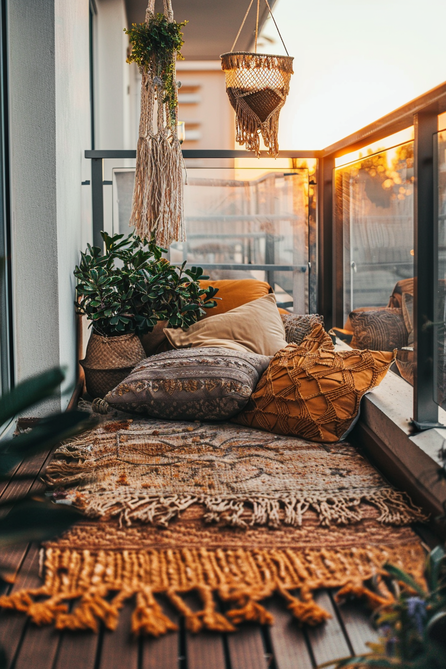 Cozy balcony with macrame plant hangers, cushions, and a woven rug, lit by warm sunset light.