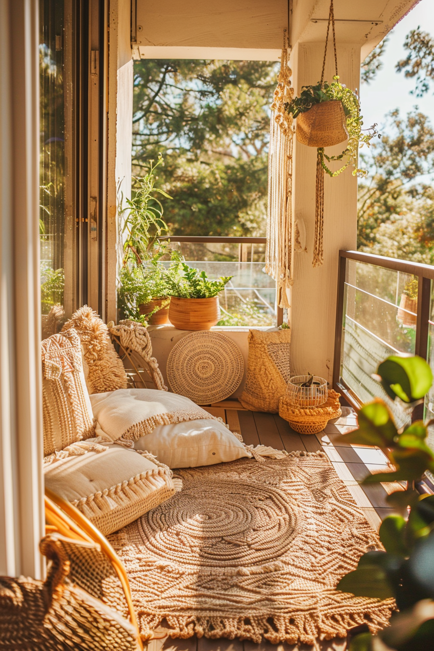 Cozy sunlit balcony with bohemian decor, woven rug, cushions, hanging plants, and a view of greenery outside.
