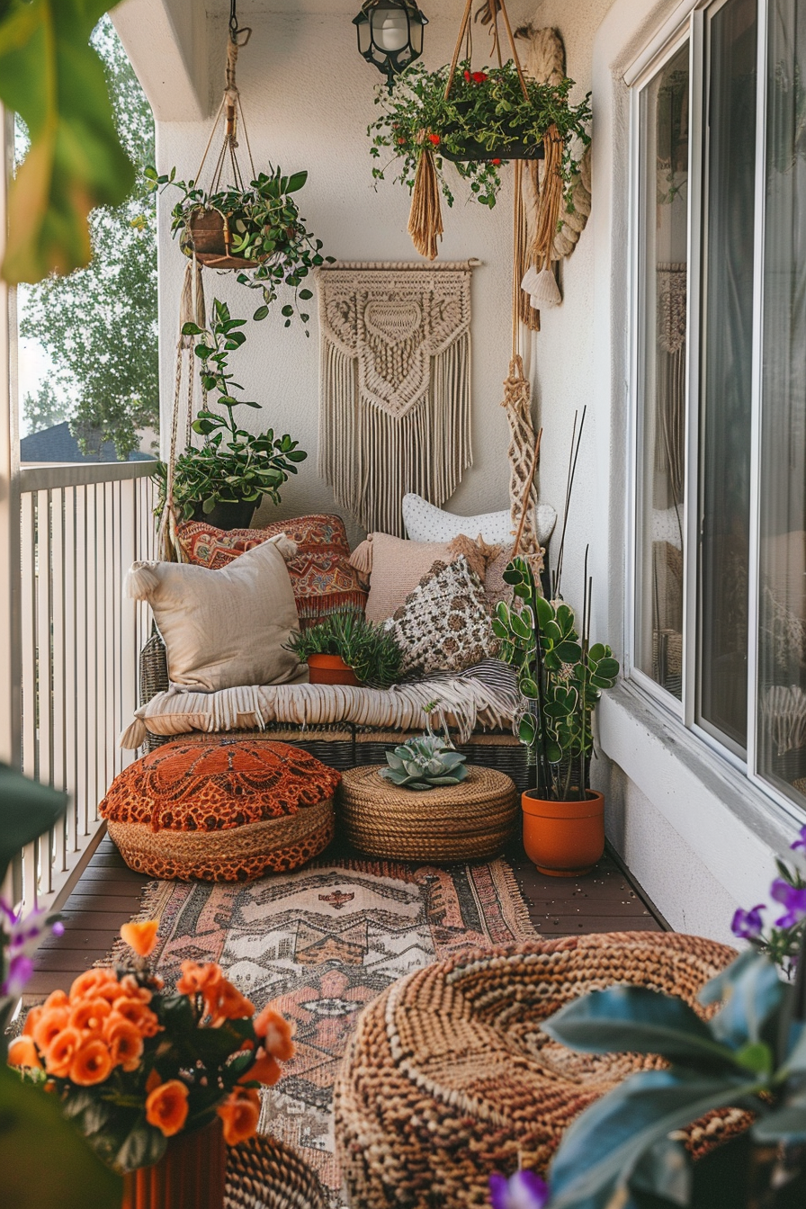 Cozy balcony with wicker furniture, colorful cushions, hanging plants, macrame decor, and a patterned rug, exuding bohemian charm.