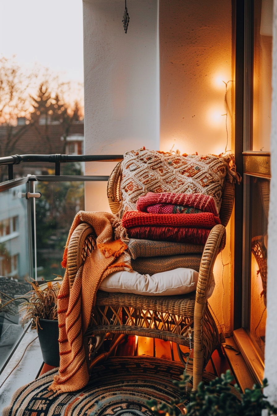 Cozy balcony corner with a wicker chair, colorful cushions, warm blankets, string lights, at dusk.